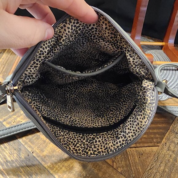 Grey Leather Crossbody, Fun Purse, Leopard Lining. - Picture 5 of 9